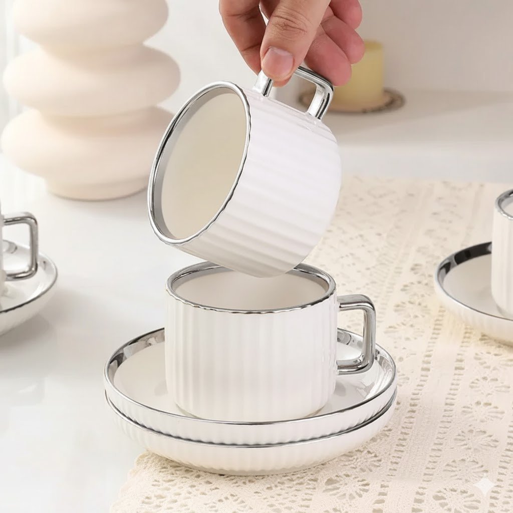 12-ნაწილიანი კერამიკული ყავის ჭიქებისა და თეფშების ნაკრები / თეთრი ვერცხლისფერი რგოლით