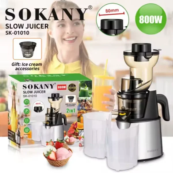 Sokany SK-01010 ხრახნიანი წვენსაწური და ნაყინის აპარატი (2 1-ში), 800ვტ, Ø80მმ, შავი/ნაცრისფერი
